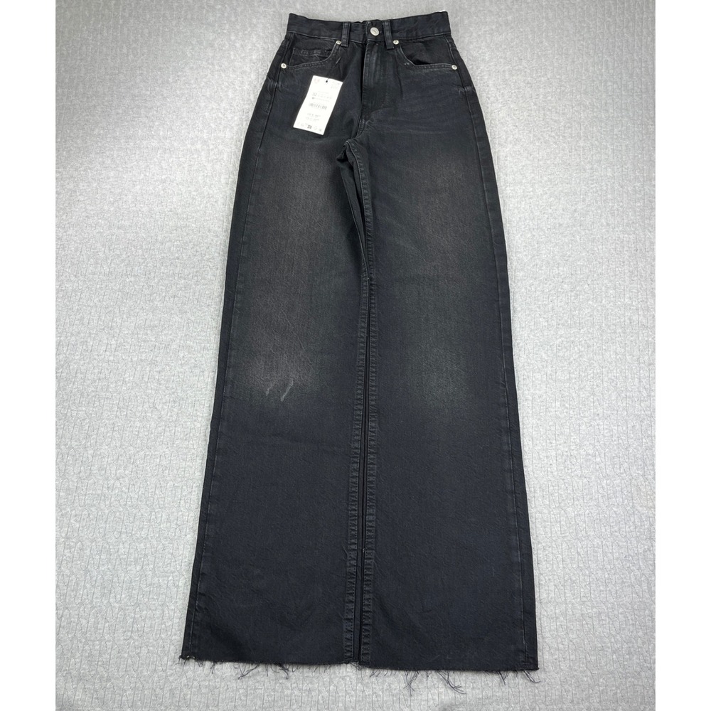 New Zara Baggy Wide Leg Jeans Womens 0 Black High Rise Full Length Raw Hem